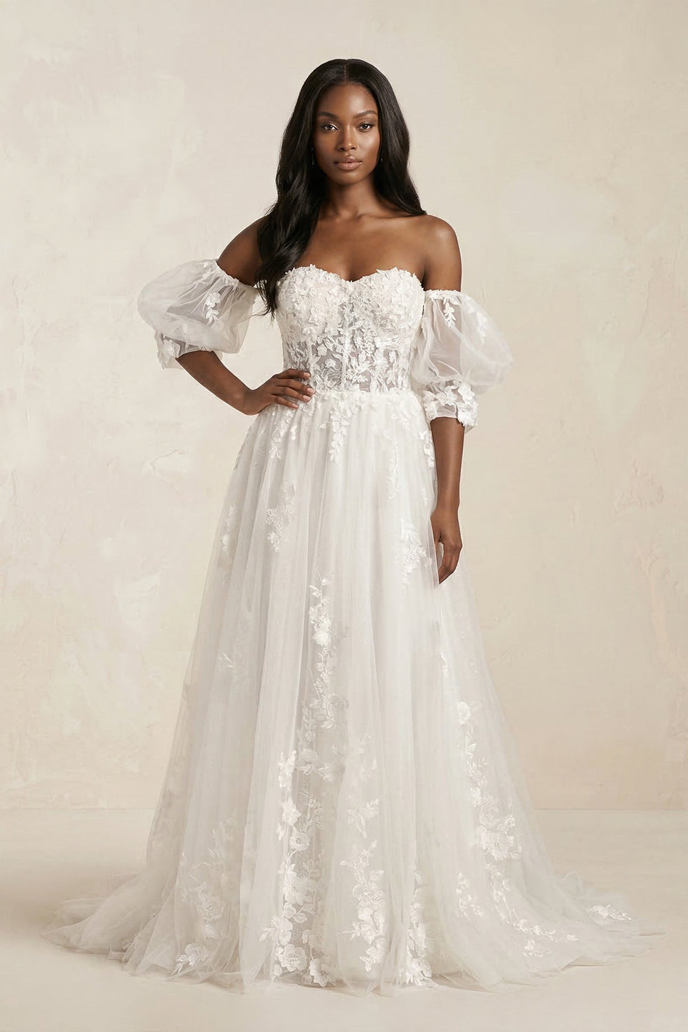 Off - the - Shoulder Puff Sleeves Appliqued Wedding Dress in White - KISS BRIDAL Wedding Dresses