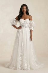 Off - the - Shoulder Puff Sleeves Appliqued Wedding Dress in White - KISS BRIDAL Wedding Dresses