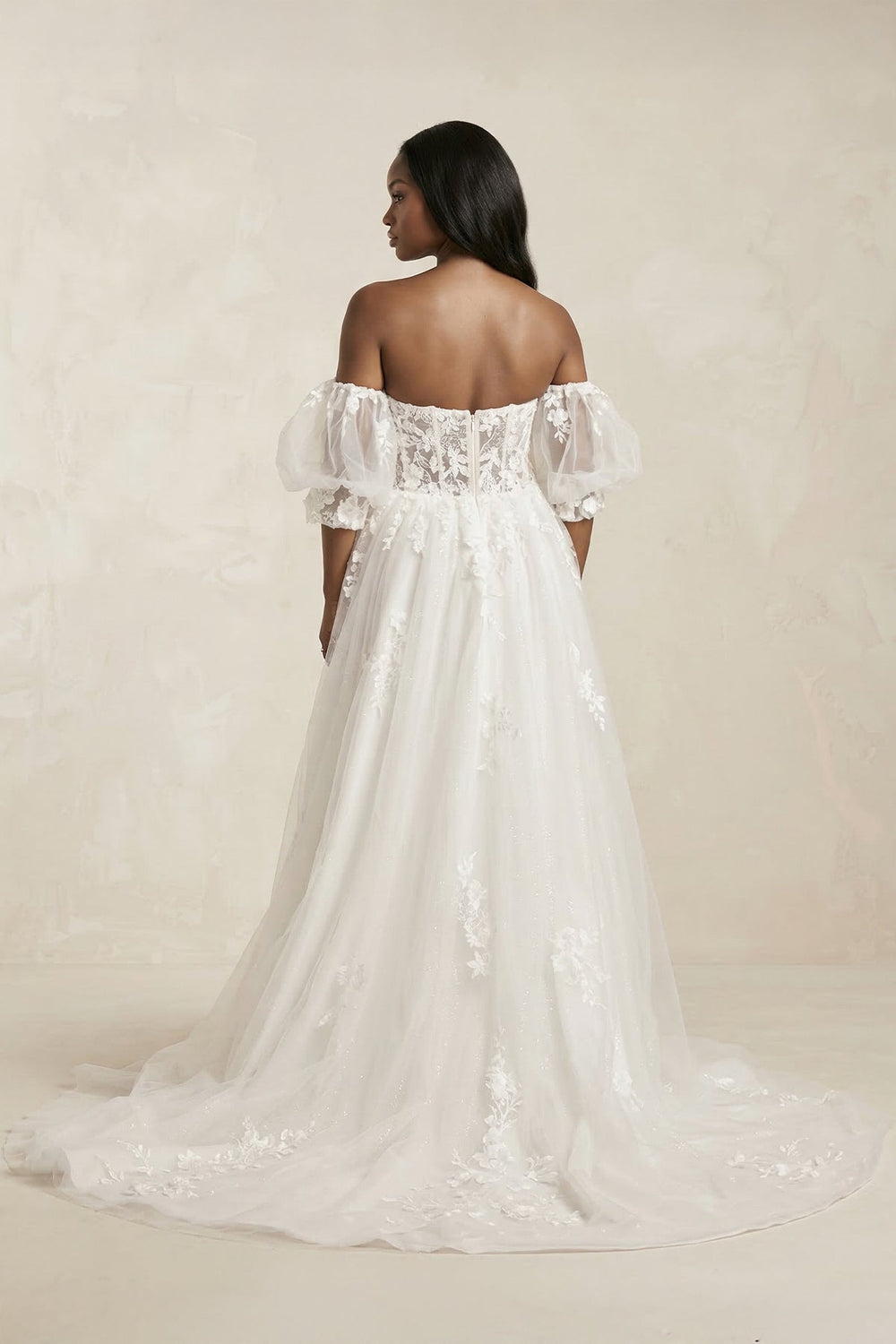 Off - the - Shoulder Puff Sleeves Appliqued Wedding Dress in White - KISS BRIDAL Wedding Dresses