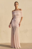 Off The Shoulder Ruched Maxi Dress in Blush - KISS BRIDAL