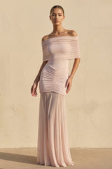 Off The Shoulder Ruched Maxi Dress in Blush - KISS BRIDAL