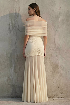 Off The Shoulder Ruched Maxi Dress in Champagne - SHE IS ME