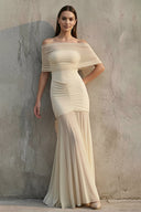 Off The Shoulder Ruched Maxi Dress in Champagne - KISS BRIDAL