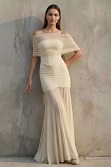 Off The Shoulder Ruched Maxi Dress in Champagne - KISS BRIDAL