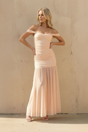 Off The Shoulder Ruched Maxi Dress in Peach - SHE IS ME PROM DRESSES