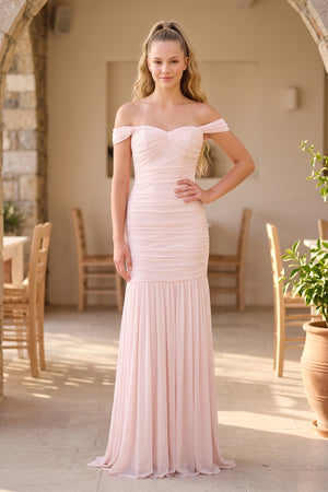 Peach Off The Shoulder Ruched Maxi Dress - KISS BRIDAL PROM DRESSES