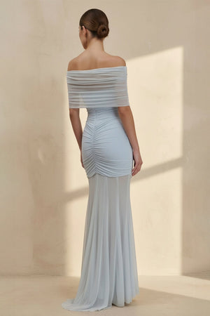 Off The Shoulder Ruched Maxi Dress in Sky Blue - SHE IS ME