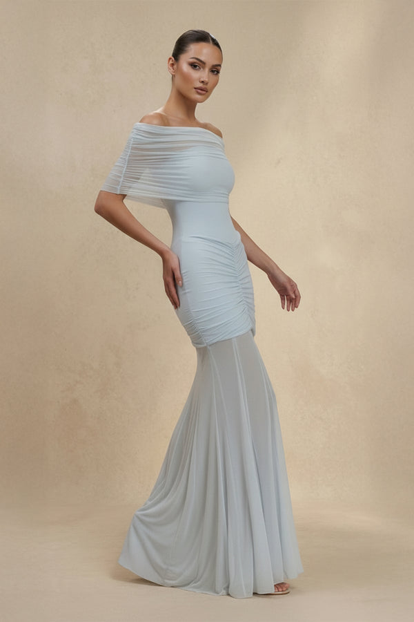 Off The Shoulder Ruched Maxi Dress in Sky Blue - SHE IS ME