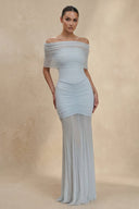 Off The Shoulder Ruched Maxi Dress in Sky Blue - KISS BRIDAL