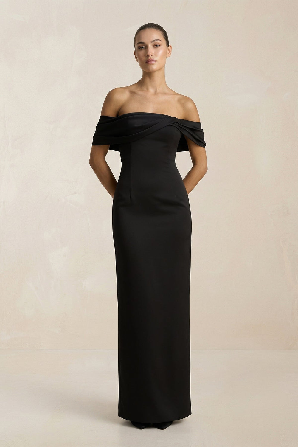 Off - the - Shoulder Ruched Sheath Satin Wedding Dress in Black - KISS BRIDAL Wedding Dresses