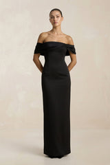 Off - the - Shoulder Ruched Sheath Satin Wedding Dress in Black - KISS BRIDAL Wedding Dresses