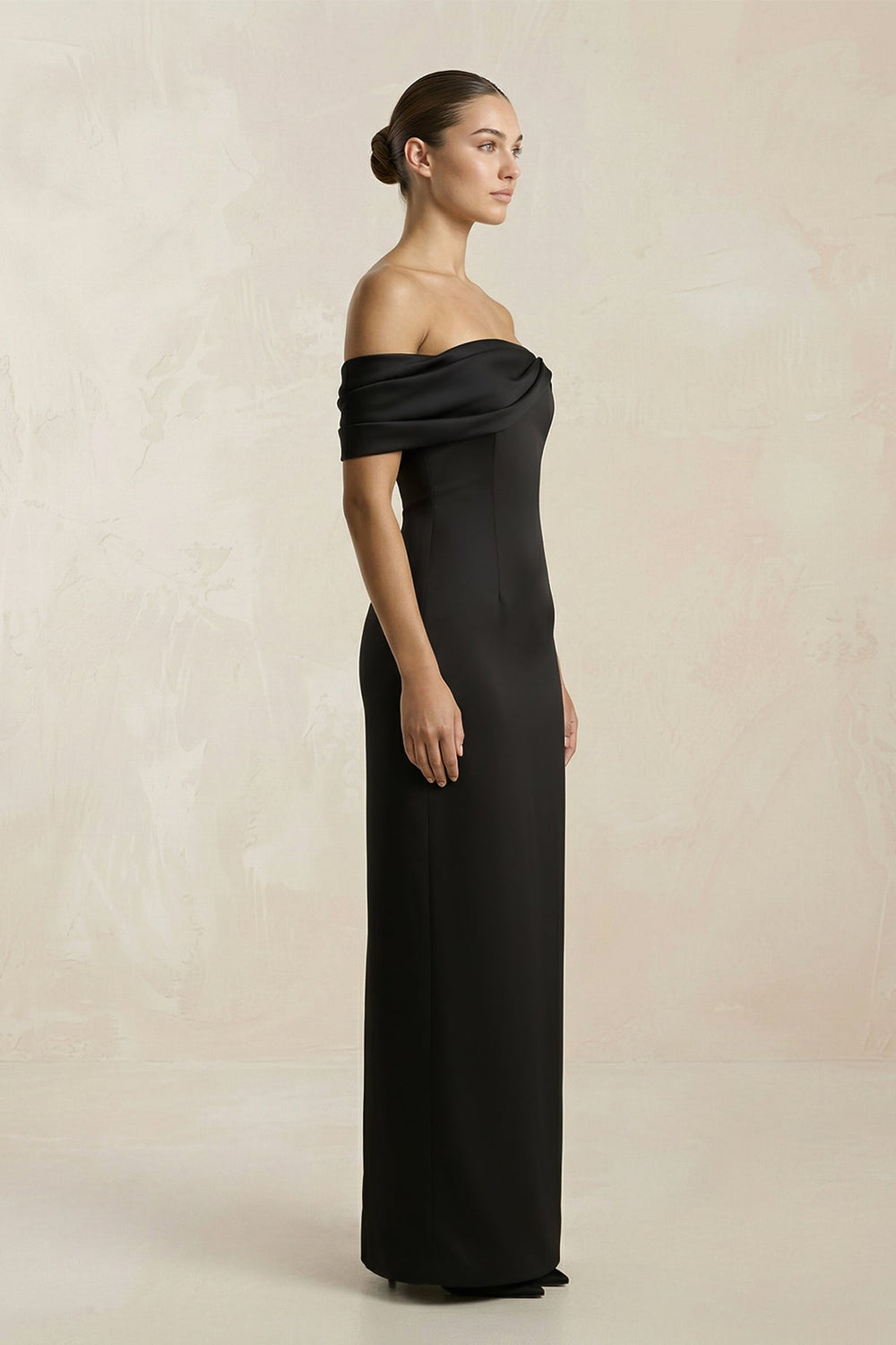 Off - the - Shoulder Ruched Sheath Satin Wedding Dress in Black - KISS BRIDAL Wedding Dresses
