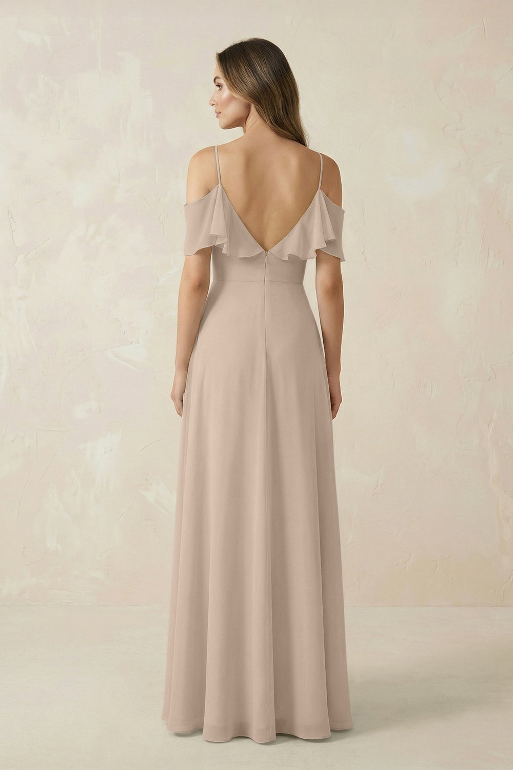 Off - the - Shoulder Ruffled A - Line Chiffon Bridesmaid Dress in Almond - SHE IS ME Bridesmaid Dresses