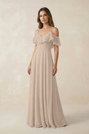 Off - the - Shoulder Ruffled A - Line Chiffon Bridesmaid Dress in Almond - SHE IS ME Bridesmaid Dresses