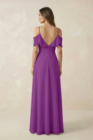 Off - the - Shoulder Ruffled A - Line Chiffon Bridesmaid Dress in Amethyst - SHE IS ME Bridesmaid Dresses