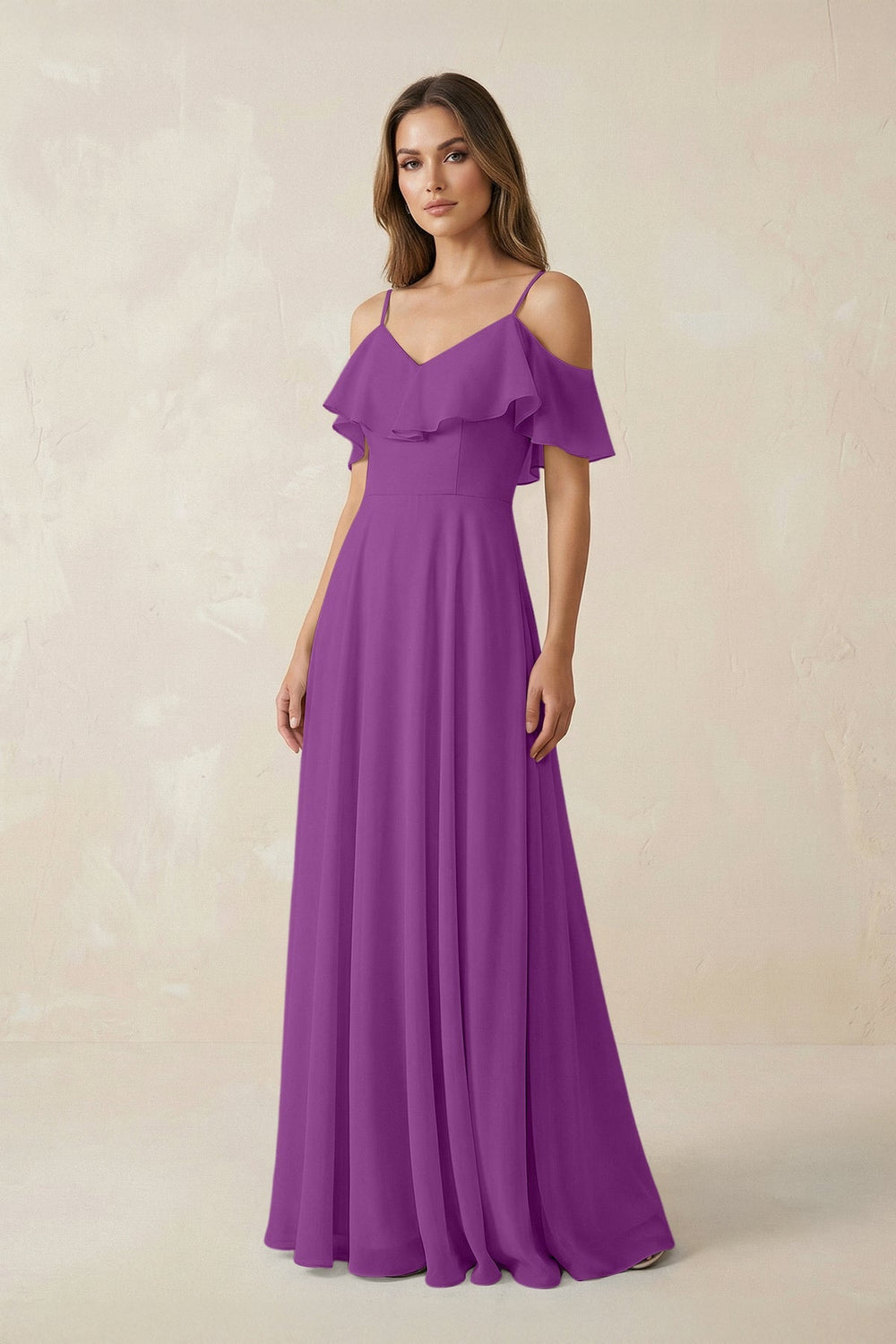 Off - the - Shoulder Ruffled A - Line Chiffon Bridesmaid Dress in Amethyst - KISS BRIDAL Bridesmaid Dresses