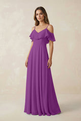 Off - the - Shoulder Ruffled A - Line Chiffon Bridesmaid Dress in Amethyst - KISS BRIDAL Bridesmaid Dresses