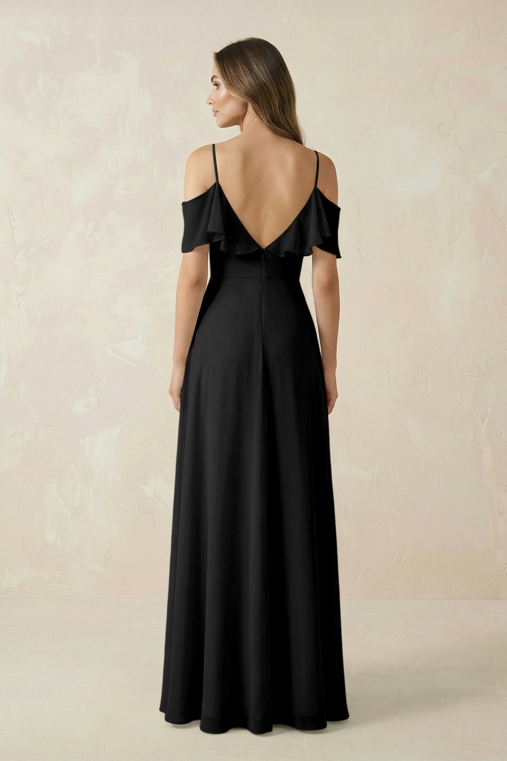 Off - the - Shoulder Ruffled A - Line Chiffon Bridesmaid Dress in Black - KISS BRIDAL Bridesmaid Dresses