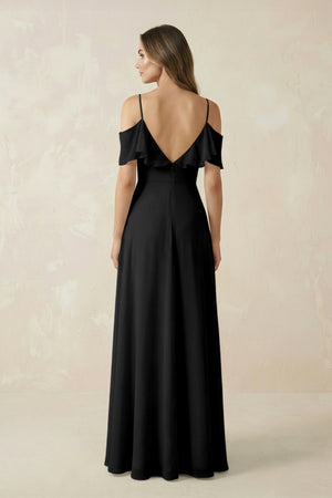 Off - the - Shoulder Ruffled A - Line Chiffon Bridesmaid Dress in Black - SHE IS ME Bridesmaid Dresses
