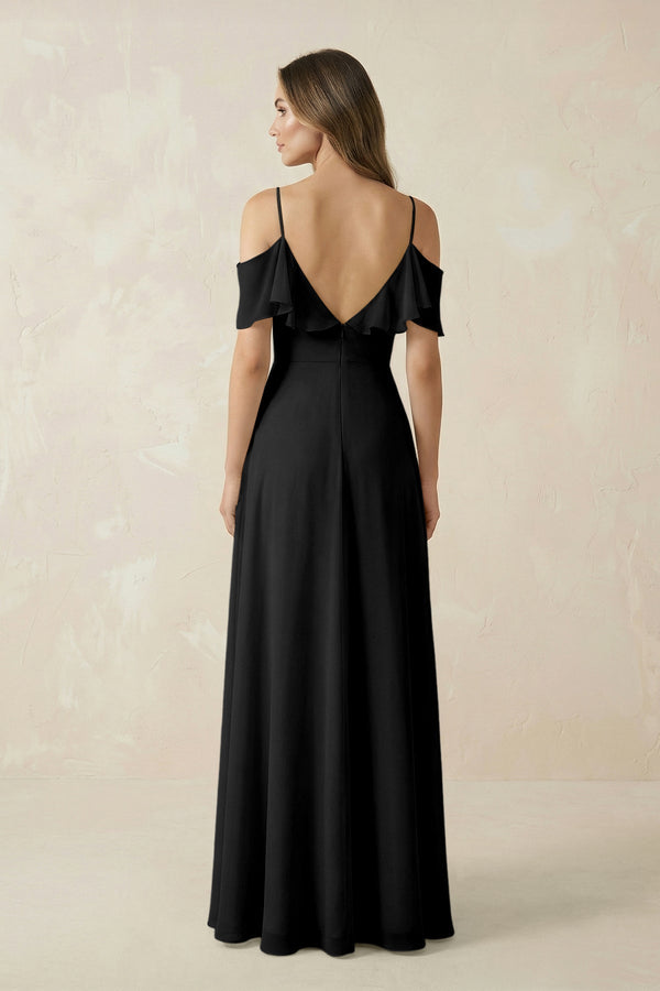 Off - the - Shoulder Ruffled A - Line Chiffon Bridesmaid Dress in Black - SHE IS ME Bridesmaid Dresses