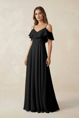 Off - the - Shoulder Ruffled A - Line Chiffon Bridesmaid Dress in Black - KISS BRIDAL Bridesmaid Dresses