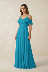 Off - the - Shoulder Ruffled A - Line Chiffon Bridesmaid Dress in Blue Jay - KISS BRIDAL Bridesmaid Dresses