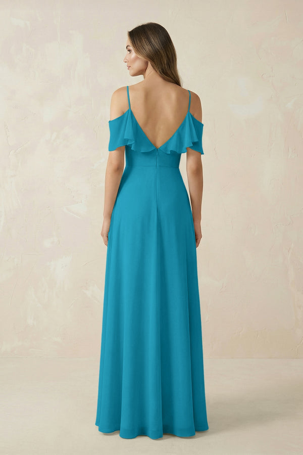 Off - the - Shoulder Ruffled A - Line Chiffon Bridesmaid Dress in Blue Jay - SHE IS ME Bridesmaid Dresses