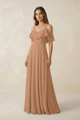 Off - the - Shoulder Ruffled A - Line Chiffon Bridesmaid Dress in Bronzer - KISS BRIDAL Bridesmaid Dresses