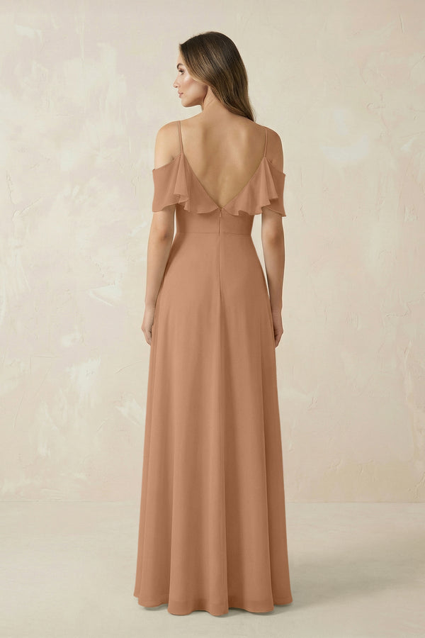 Off - the - Shoulder Ruffled A - Line Chiffon Bridesmaid Dress in Bronzer - SHE IS ME Bridesmaid Dresses