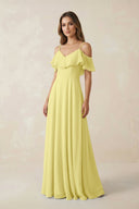 Off - the - Shoulder Ruffled A - Line Chiffon Bridesmaid Dress in Buttercup - SHE IS ME Bridesmaid Dresses