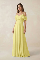 Off - the - Shoulder Ruffled A - Line Chiffon Bridesmaid Dress in Buttercup - KISS BRIDAL Bridesmaid Dresses