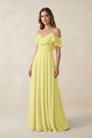 Off - the - Shoulder Ruffled A - Line Chiffon Bridesmaid Dress in Buttercup - SHE IS ME Bridesmaid Dresses