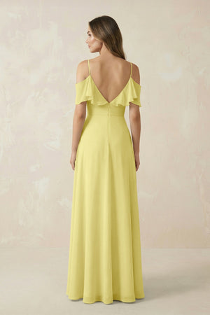 Off - the - Shoulder Ruffled A - Line Chiffon Bridesmaid Dress in Buttercup - SHE IS ME Bridesmaid Dresses