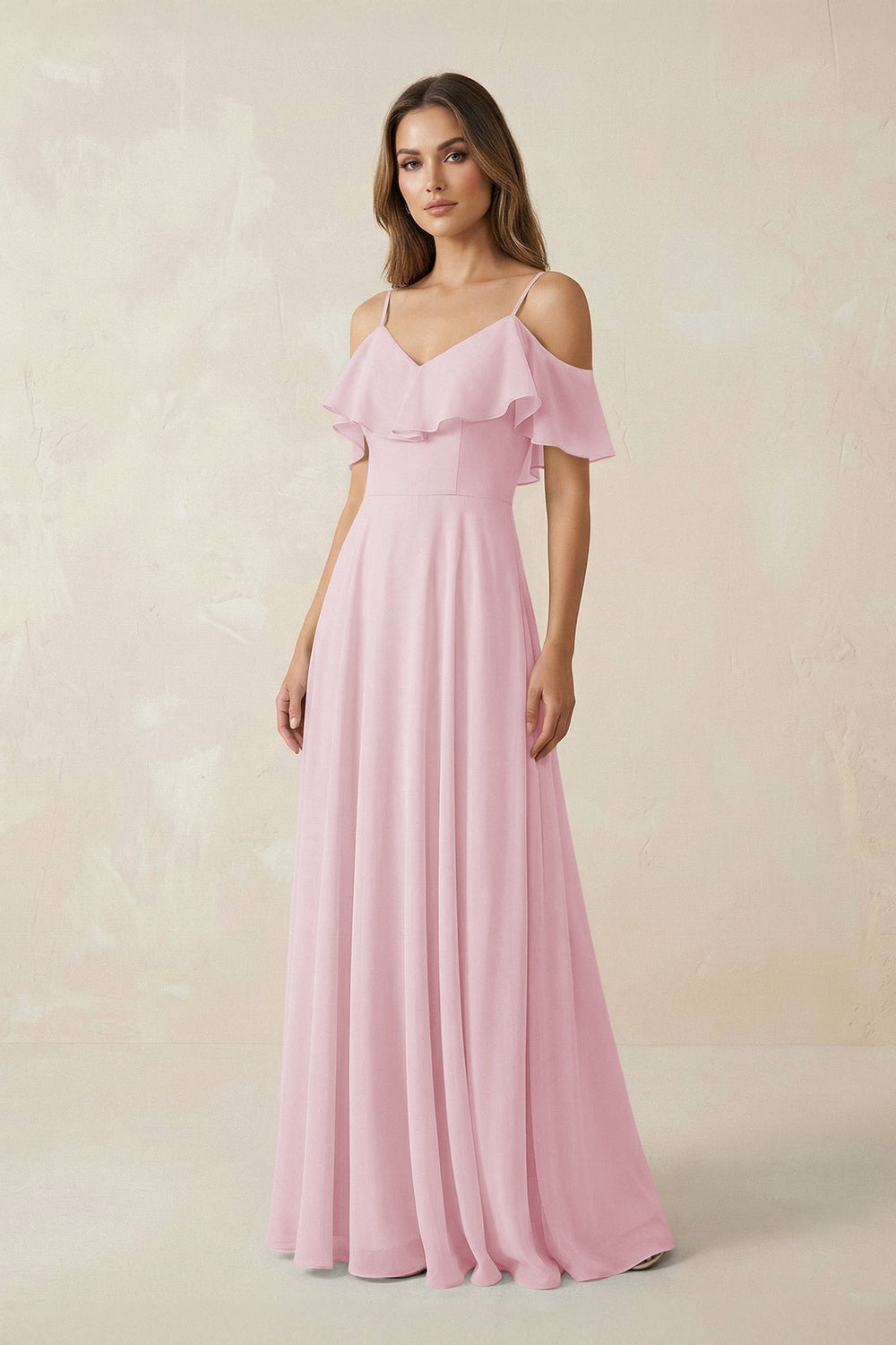 Off - the - Shoulder Ruffled A - Line Chiffon Bridesmaid Dress in Candy Pink - KISS BRIDAL Bridesmaid Dresses