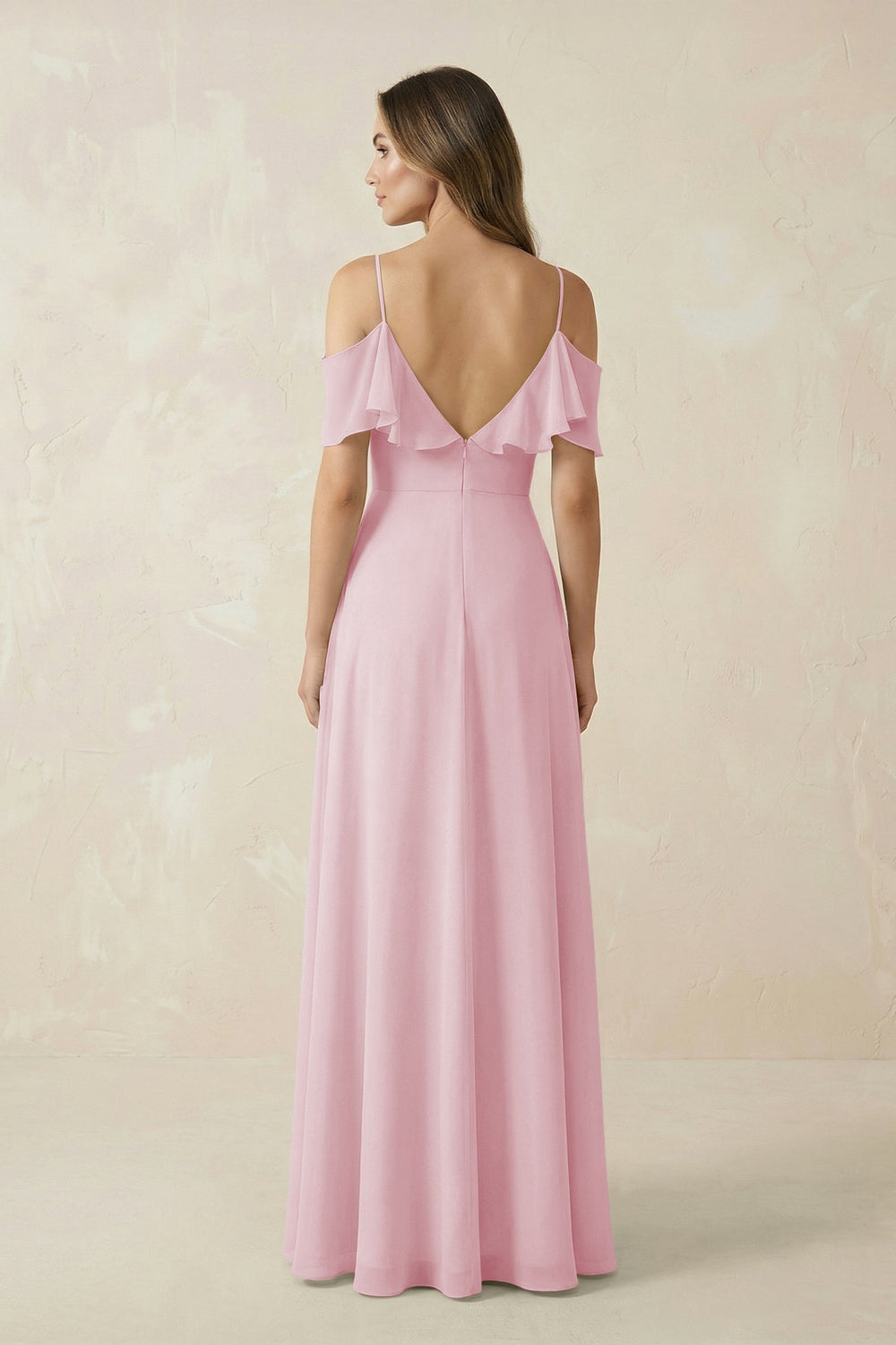 Off - the - Shoulder Ruffled A - Line Chiffon Bridesmaid Dress in Candy Pink - KISS BRIDAL Bridesmaid Dresses