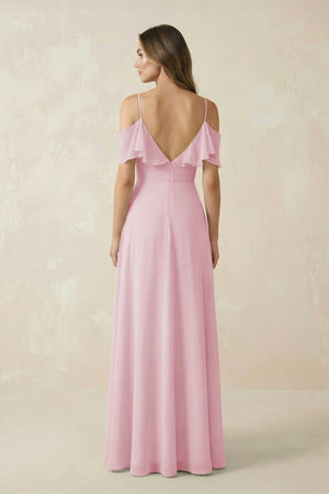 Off - the - Shoulder Ruffled A - Line Chiffon Bridesmaid Dress in Candy Pink - SHE IS ME Bridesmaid Dresses