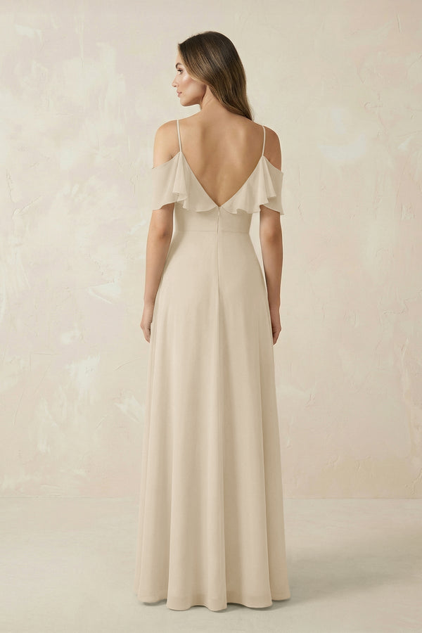 Off - the - Shoulder Ruffled A - Line Chiffon Bridesmaid Dress in Champagne - SHE IS ME Bridesmaid Dresses