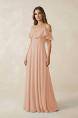Off - the - Shoulder Ruffled A - Line Chiffon Bridesmaid Dress in Champagne Rose - KISS BRIDAL Bridesmaid Dresses