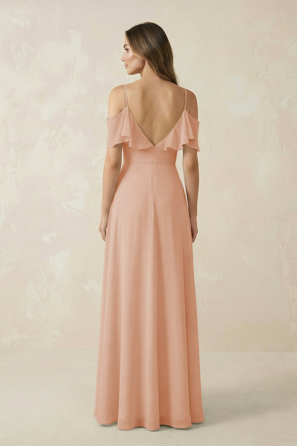 Off - the - Shoulder Ruffled A - Line Chiffon Bridesmaid Dress in Champagne Rose - SHE IS ME Bridesmaid Dresses