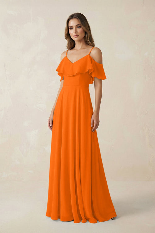 Off - the - Shoulder Ruffled A - Line Chiffon Bridesmaid Dress in Cinnamon - SHE IS ME Bridesmaid Dresses