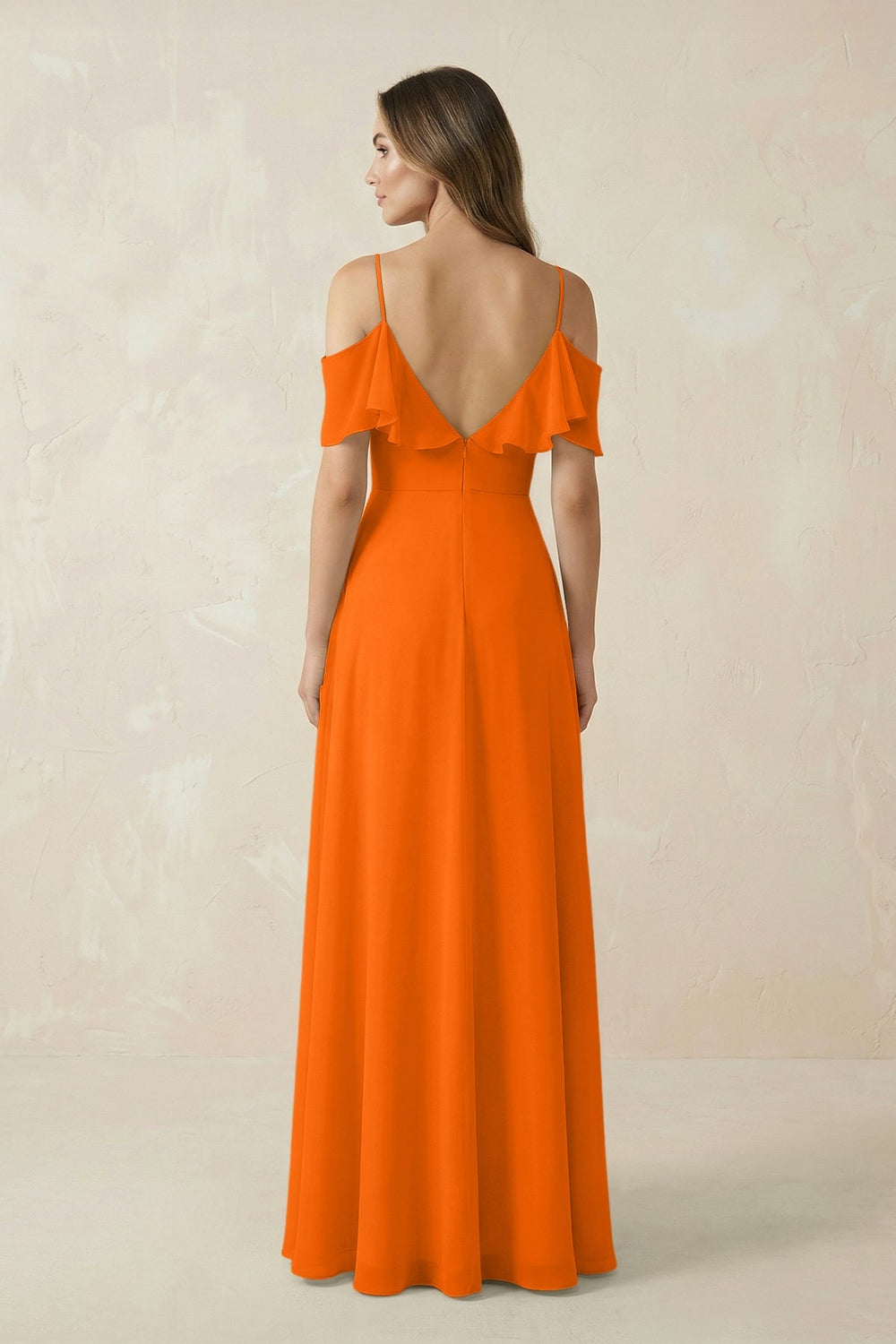 Off - the - Shoulder Ruffled A - Line Chiffon Bridesmaid Dress in Cinnamon - KISS BRIDAL Bridesmaid Dresses