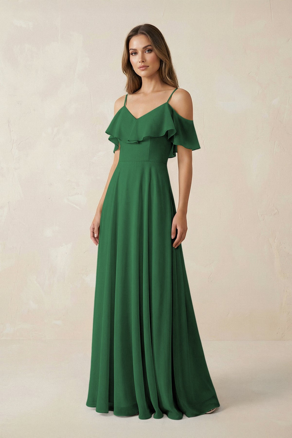 Off - the - Shoulder Ruffled A - Line Chiffon Bridesmaid Dress in Dark Green - KISS BRIDAL Bridesmaid Dresses