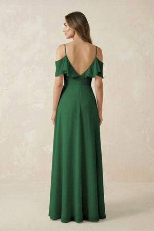 Off - the - Shoulder Ruffled A - Line Chiffon Bridesmaid Dress in Dark Green - SHE IS ME Bridesmaid Dresses