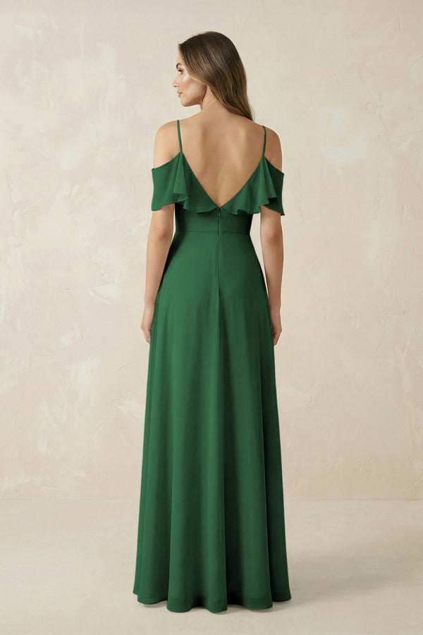 Off - the - Shoulder Ruffled A - Line Chiffon Bridesmaid Dress in Dark Green - SHE IS ME Bridesmaid Dresses