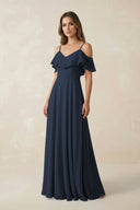 Off - the - Shoulder Ruffled A - Line Chiffon Bridesmaid Dress in Dark Navy - SHE IS ME Bridesmaid Dresses