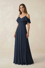 Off - the - Shoulder Ruffled A - Line Chiffon Bridesmaid Dress in Dark Navy - KISS BRIDAL Bridesmaid Dresses