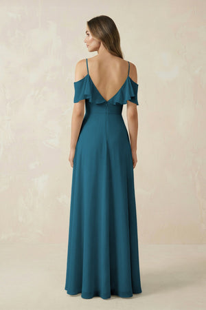 Off - the - Shoulder Ruffled A - Line Chiffon Bridesmaid Dress in Dark Teal - SHE IS ME Bridesmaid Dresses