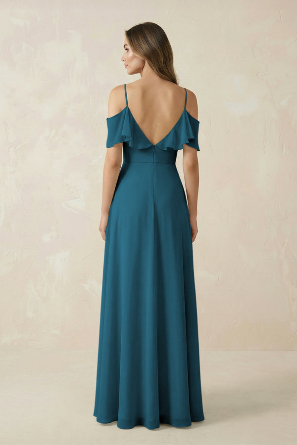 Off - the - Shoulder Ruffled A - Line Chiffon Bridesmaid Dress in Dark Teal - SHE IS ME Bridesmaid Dresses