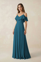 Off - the - Shoulder Ruffled A - Line Chiffon Bridesmaid Dress in Dark Teal - KISS BRIDAL Bridesmaid Dresses