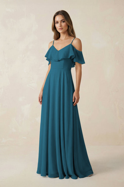 Off - the - Shoulder Ruffled A - Line Chiffon Bridesmaid Dress in Dark Teal - SHE IS ME Bridesmaid Dresses